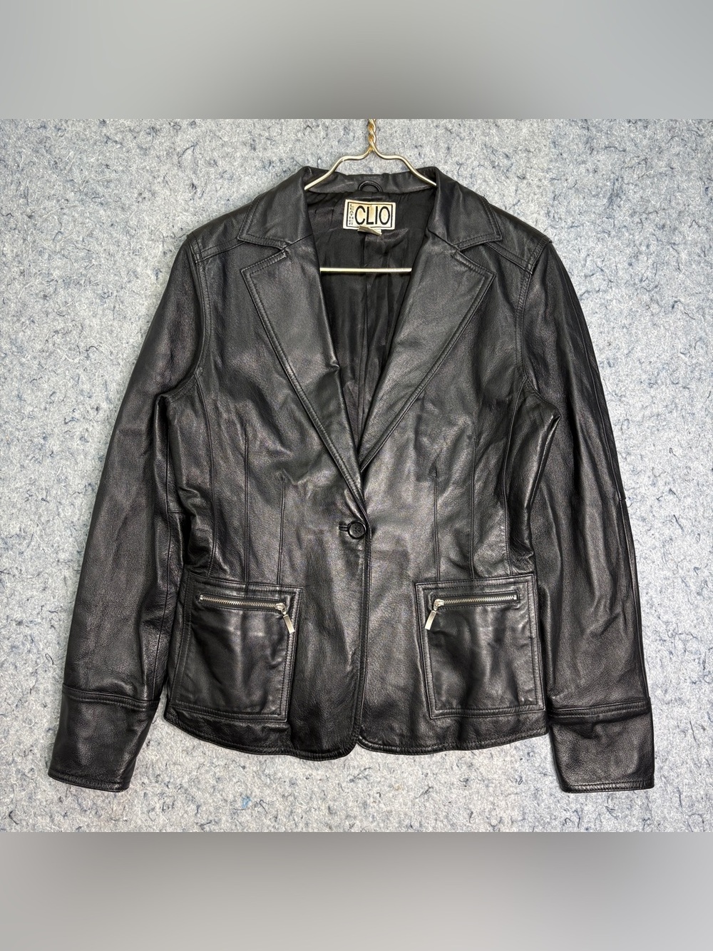 Vintage Clio Black Genuine Leather Blazer Jacket Women’s Size 12 Zip Pockets